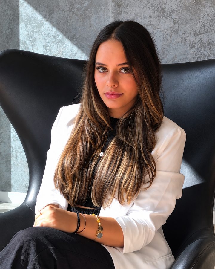 Allana Bastos, especialista em cílios e sobrancelhas, sentada em poltrona preta